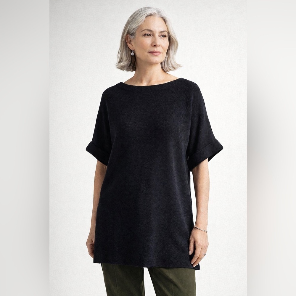 Eileen Fisher Womens Sweater Sz Small Black Merino Wool Tunic Length Minimalist